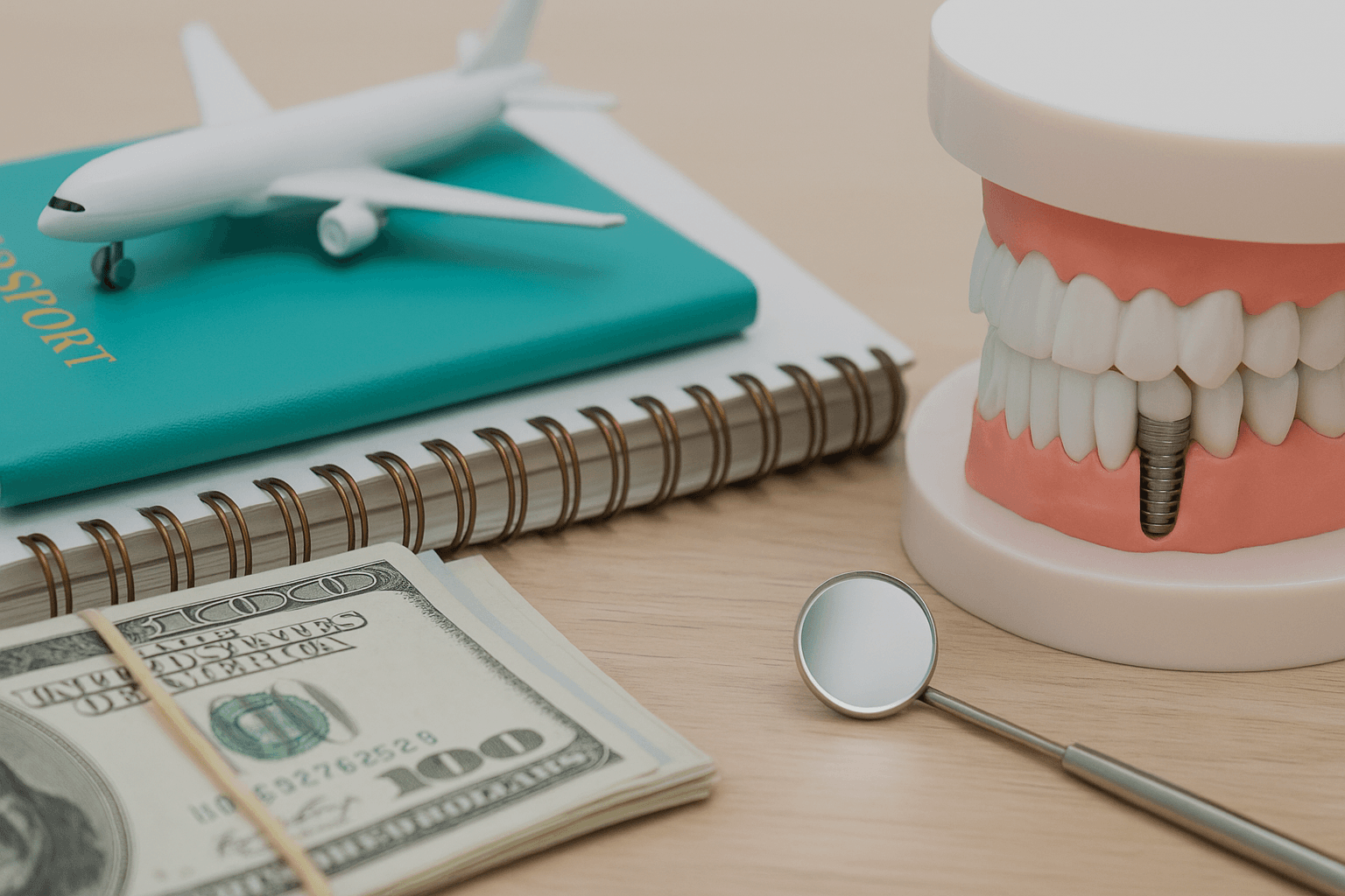 Illustration of dental tourism risks and free hotel offers